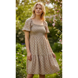 Women's LOVELO Beige White Floral Smocked Midi Dress M